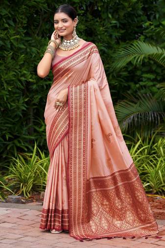 Peach soft silk blend with woven work designer party wear festive saree with unstitched blouse piece