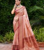 Peach silk blend with woven saree with unstitched blouse piece