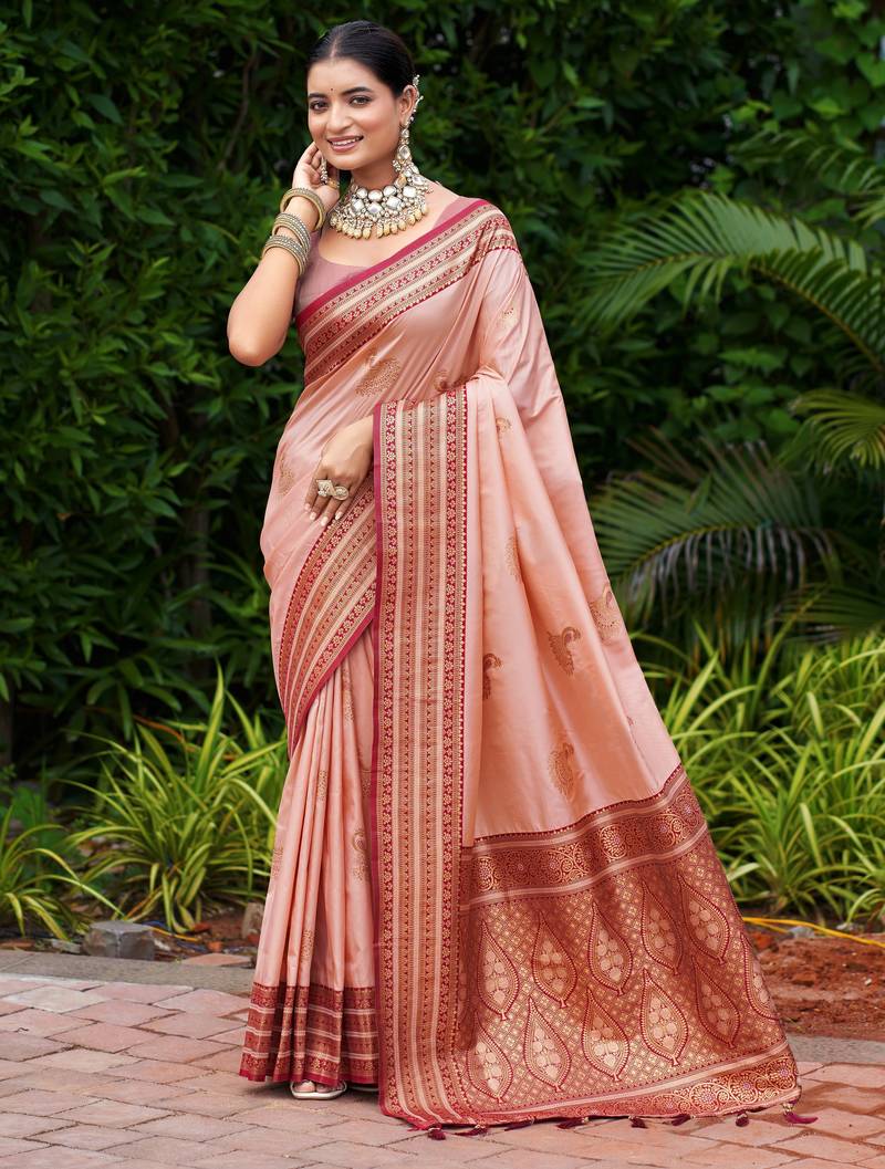 Peach soft silk blend with woven work designer party wear festive saree with unstitched blouse piece