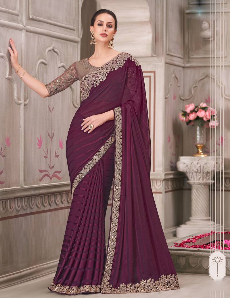 Wine soft silk blend embroidered saree with unstitched blouse piece