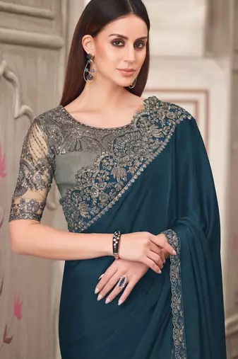 Blue soft silk blend embroidered saree with unstitched blouse piece