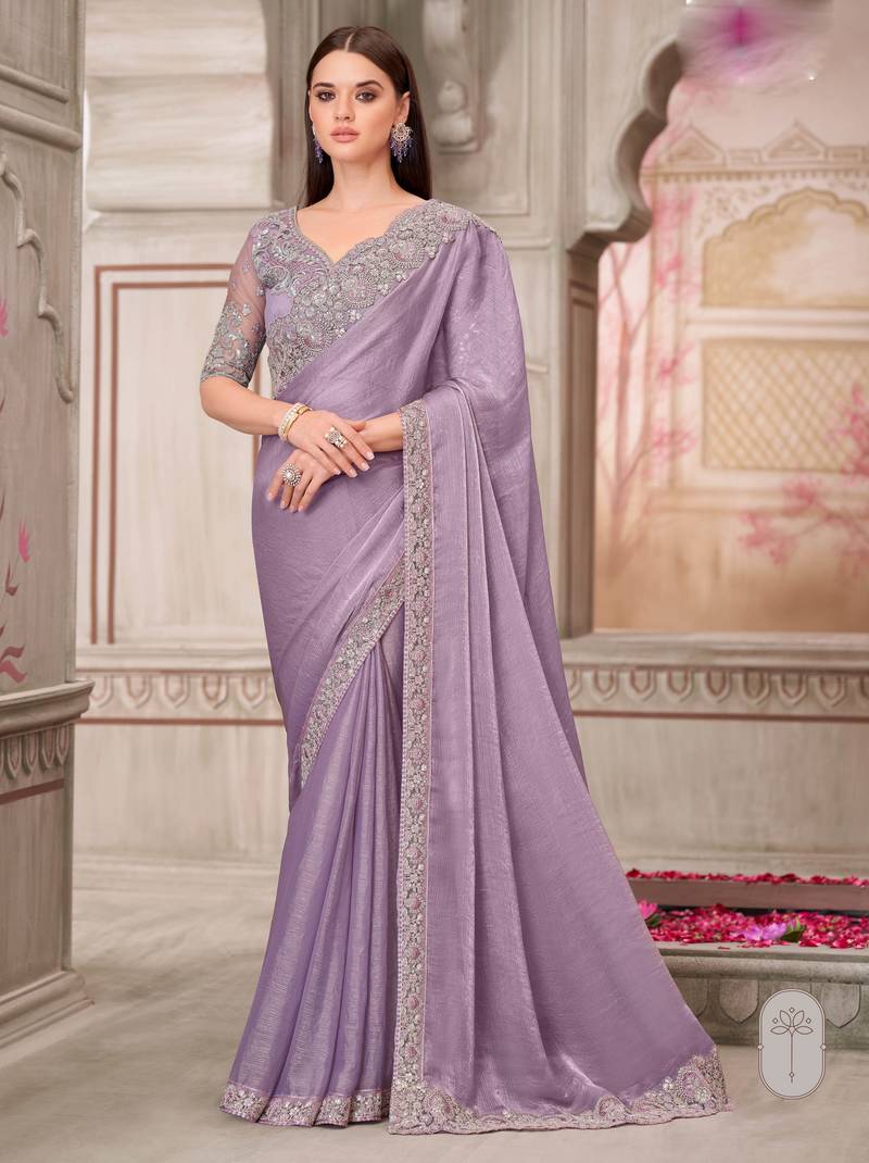 Lavender soft silk blend embroidered saree with unstitched blouse piece