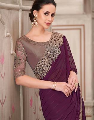 Wine soft silk blend embroidered saree with unstitched blouse piece 2