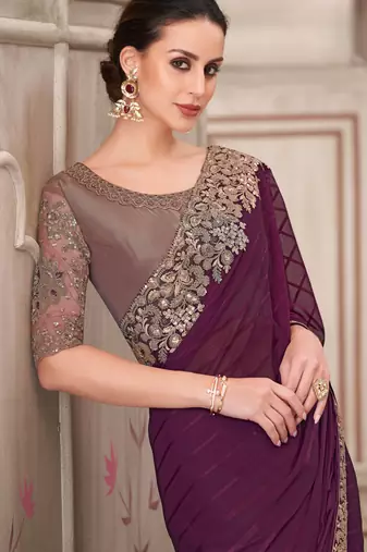 Wine soft silk blend embroidered saree with unstitched blouse piece