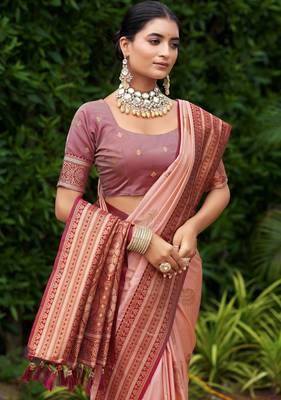Peach silk blend with woven saree with unstitched blouse piece 2