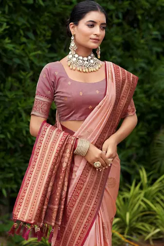 Peach silk blend with woven saree with unstitched blouse piece