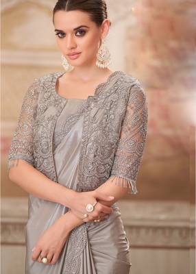 Silver soft silk blend embroidered saree with unstitched blouse piece 2