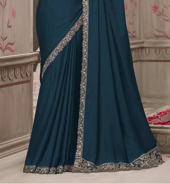 Blue soft silk blend embroidered saree with unstitched blouse piece 3