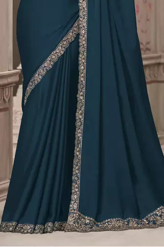 Blue soft silk blend embroidered saree with unstitched blouse piece