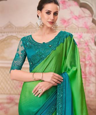 Sea green soft silk blend embroidered saree with unstitched blouse piece 4