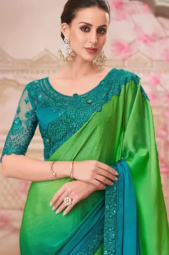 Sea green soft silk blend embroidered saree with unstitched blouse piece