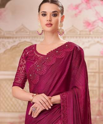 Magenta soft silk blend embroidered saree with unstitched blouse piece 4