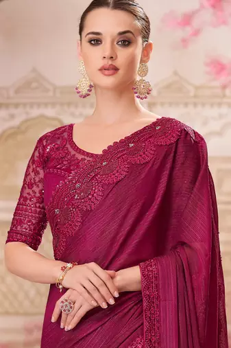 Magenta soft silk blend embroidered saree with unstitched blouse piece