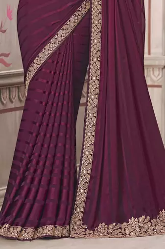 Wine soft silk blend embroidered saree with unstitched blouse piece