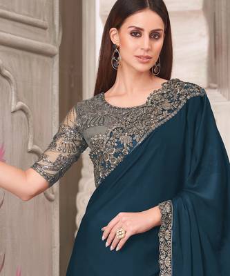 Blue soft silk blend embroidered saree with unstitched blouse piece 4
