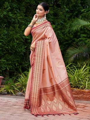 Peach silk blend with woven saree with unstitched blouse piece 3
