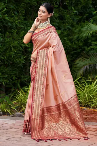Peach silk blend with woven saree with unstitched blouse piece