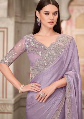 Lavender soft silk blend embroidered saree with unstitched blouse piece 2
