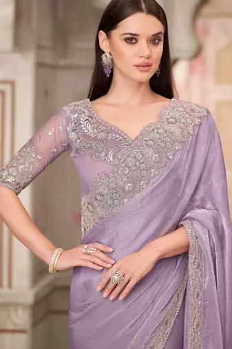 Lavender soft silk blend embroidered saree with unstitched blouse piece