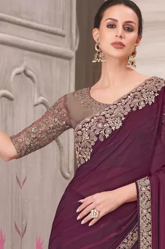 Wine soft silk blend embroidered saree with unstitched blouse piece