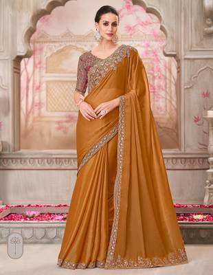 Mustard soft silk blend embroidered saree with unstitched blouse piece 1