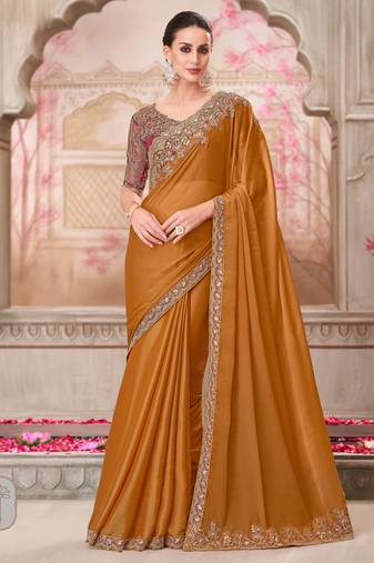 Mustard soft silk blend embroidered saree with unstitched blouse piece