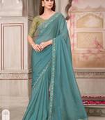Turquoise soft silk blend embroidered saree with unstitched blouse piece