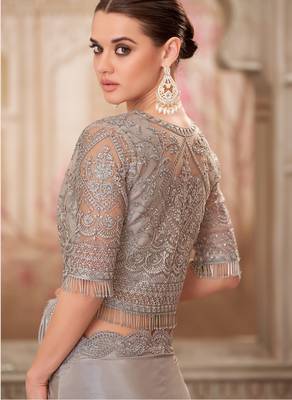Silver soft silk blend embroidered saree with unstitched blouse piece 4