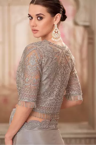 Silver soft silk blend embroidered saree with unstitched blouse piece