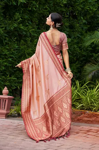 Peach silk blend with woven saree with unstitched blouse piece