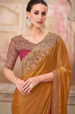 Mustard soft silk blend embroidered saree with unstitched blouse piece 2