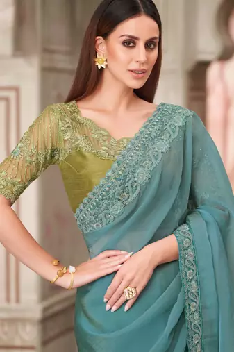 Turquoise soft silk blend embroidered saree with unstitched blouse piece