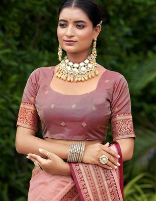 Peach silk blend with woven saree with unstitched blouse piece 5