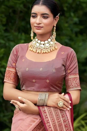 Peach silk blend with woven saree with unstitched blouse piece