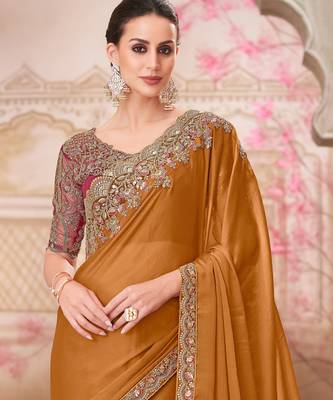 Mustard soft silk blend embroidered saree with unstitched blouse piece 4
