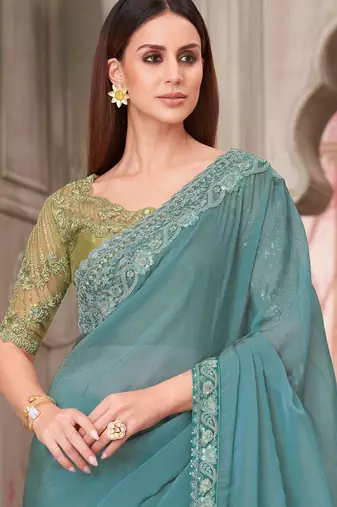 Turquoise soft silk blend embroidered saree with unstitched blouse piece