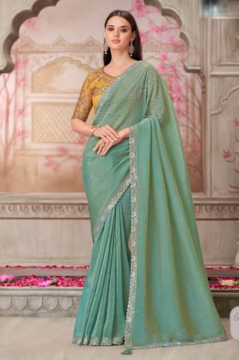 Mint soft silk blend embroidered saree with unstitched blouse piece