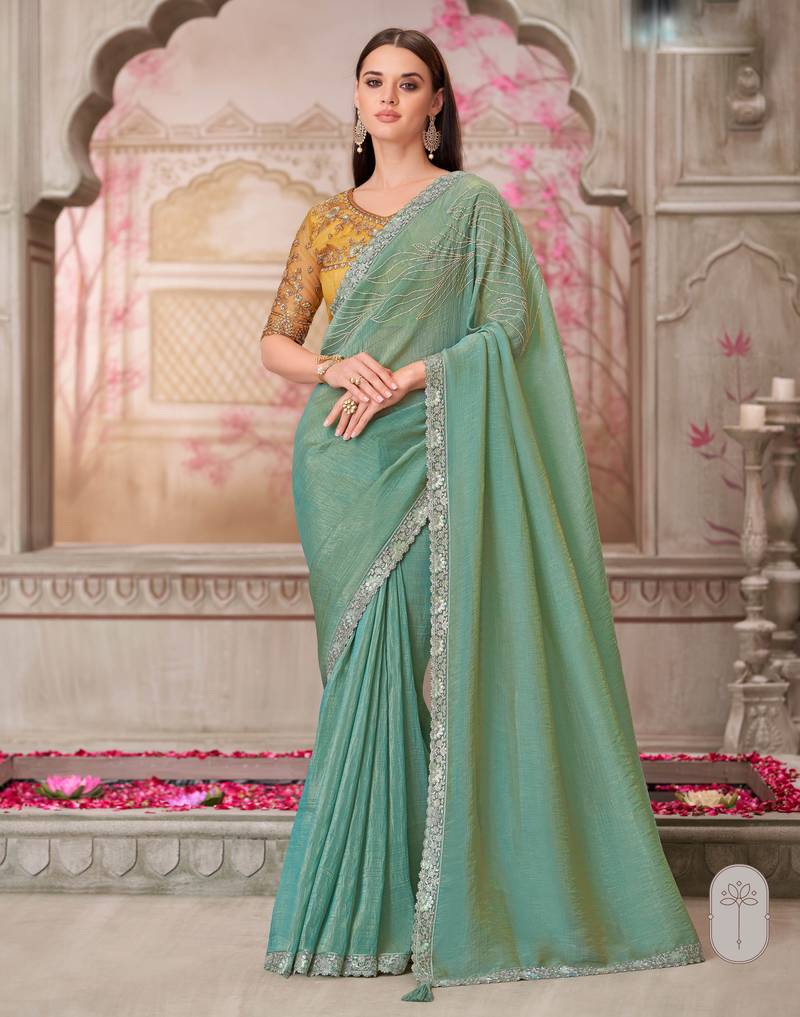 Mint soft silk blend embroidered saree with unstitched blouse piece