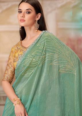 Mint soft silk blend embroidered saree with unstitched blouse piece 2