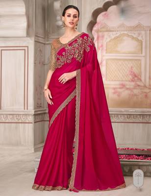 Magenta soft silk blend embroidered saree with unstitched blouse piece 1