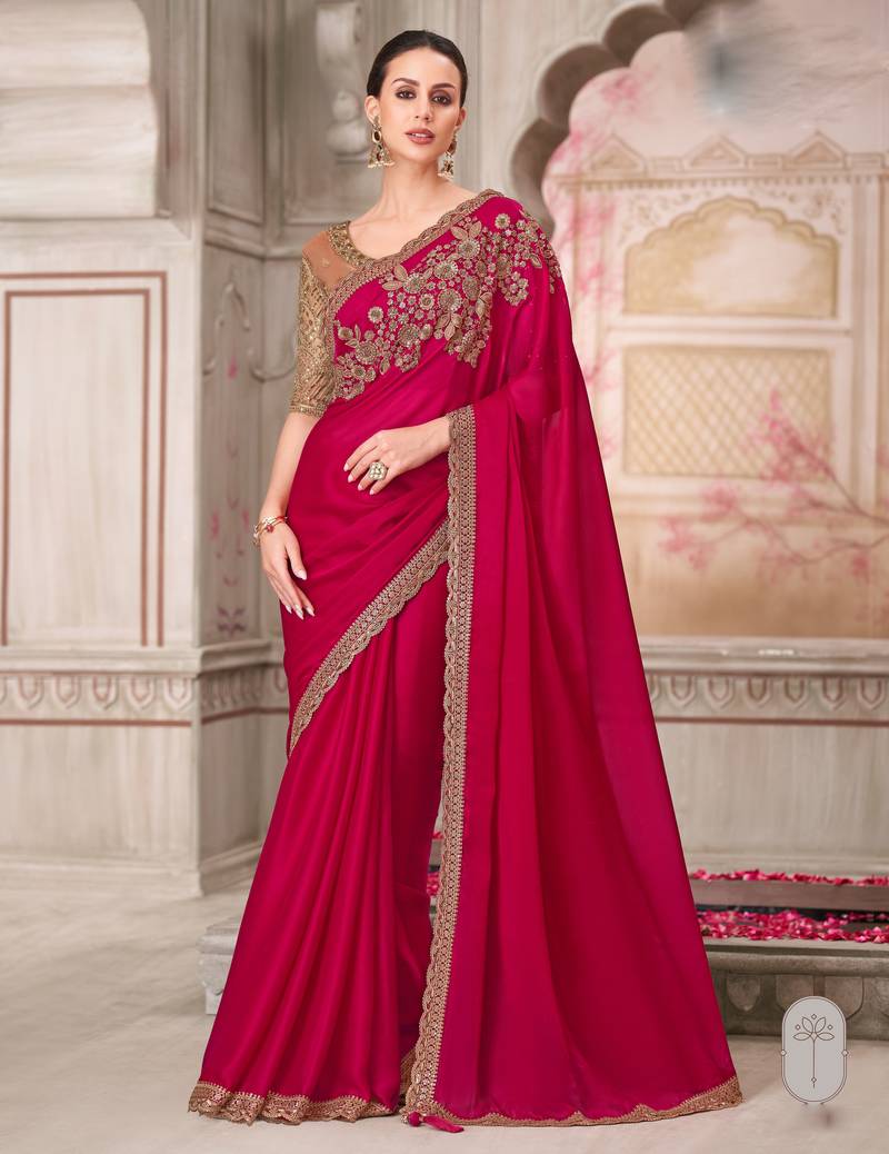 Magenta soft silk blend embroidered saree with unstitched blouse piece
