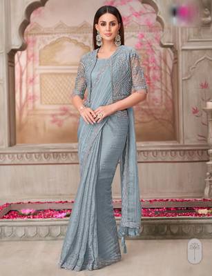 Sky blue soft silk blend embroidered saree with unstitched blouse piece 1