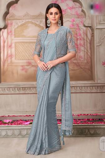 Sky blue soft silk blend embroidered saree with unstitched blouse piece