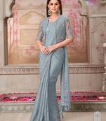 Sky blue soft silk blend embroidered saree with unstitched blouse piece