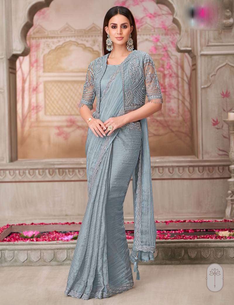 Sky blue soft silk blend embroidered saree with unstitched blouse piece