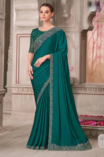 Teal soft silk blend embroidered saree with unstitched blouse piece
