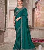 Teal soft silk blend embroidered saree with unstitched blouse piece