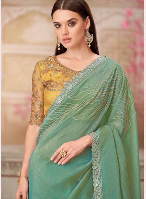 Mint soft silk blend embroidered saree with unstitched blouse piece 4