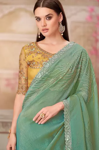Mint soft silk blend embroidered saree with unstitched blouse piece