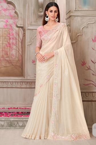 Cream soft silk blend embroidered saree with unstitched blouse piece
